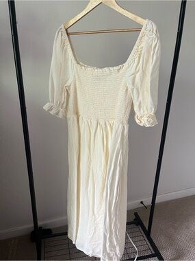 GAP Cream Smocked Midi Dress with Puff Sleeves